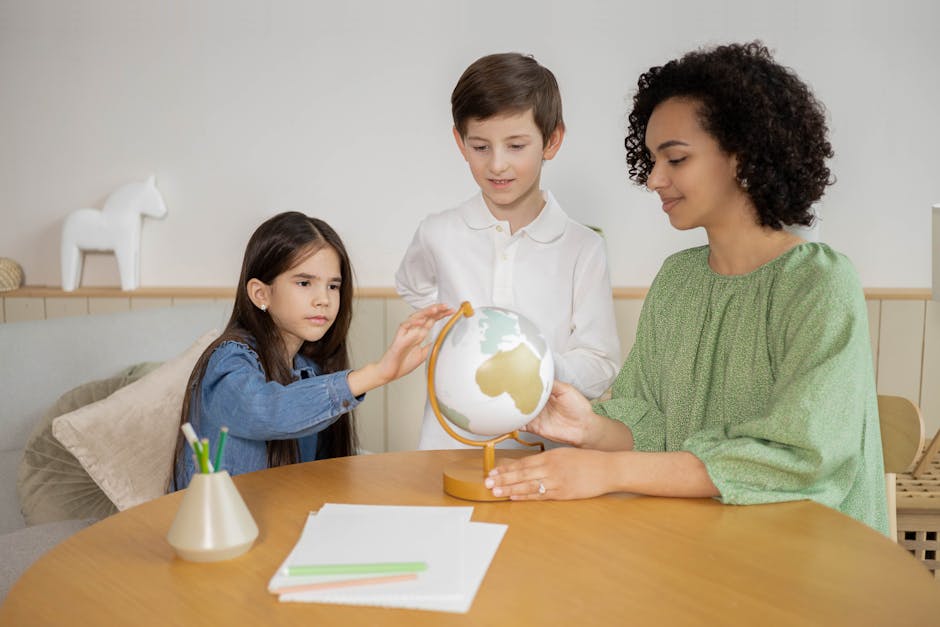 Children learning geography with a teacher and a globe, fostering curiosity.